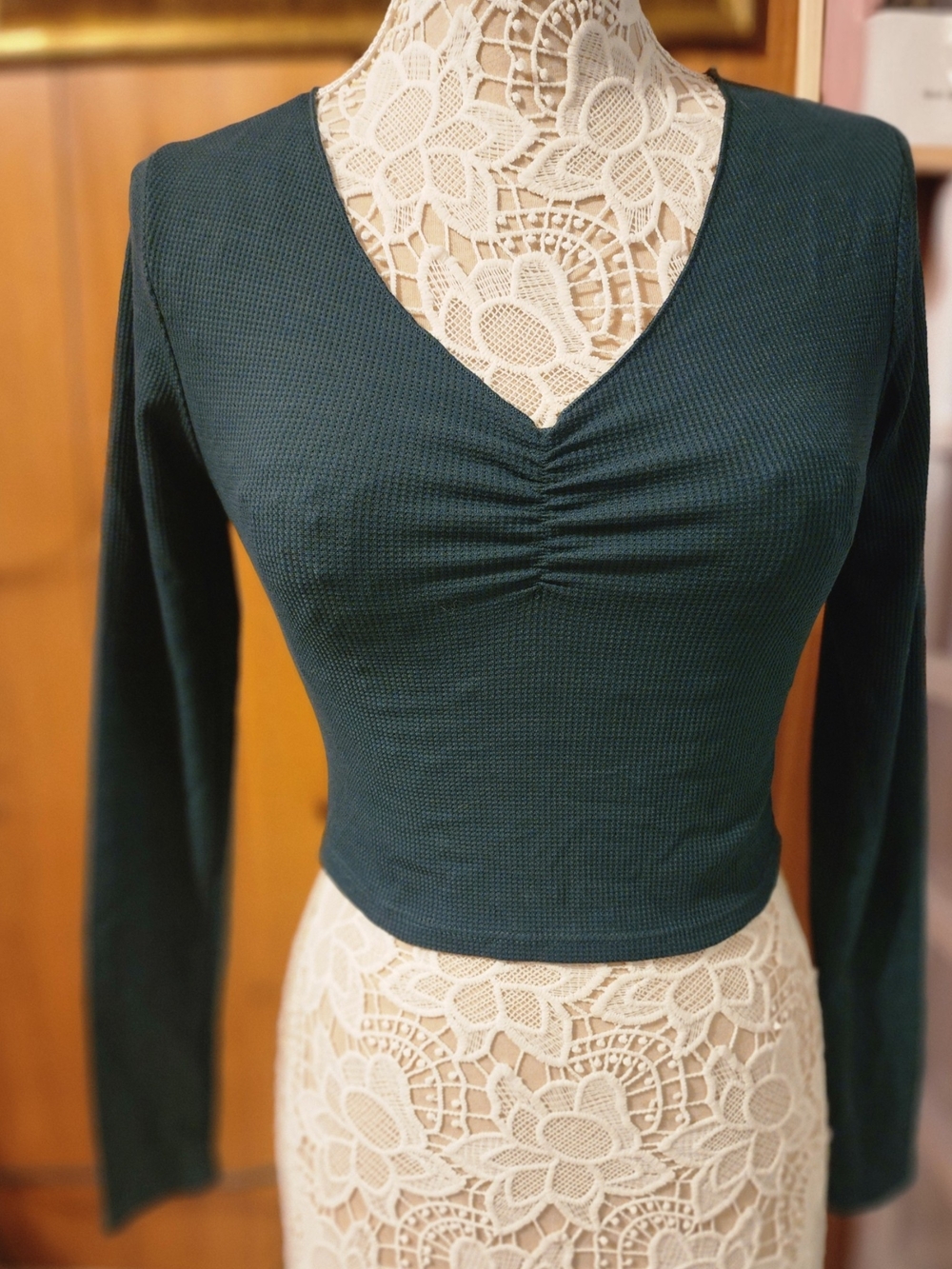 Wild Fable Dark Teal Thermal Waffle Cinch Bust Long Sleeve Crop Top